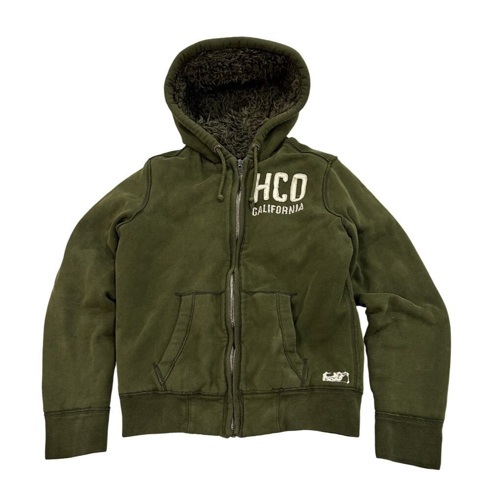 Hollister Olive Green Hooded Bomber with Sherpa Lining